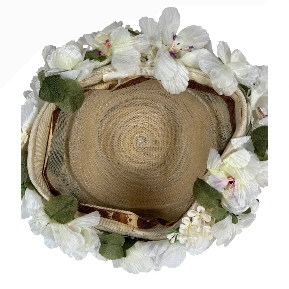VINTAGE Schiaparelli Paris Floral Spring Hat Ivory Cream Flowers with Hat Box